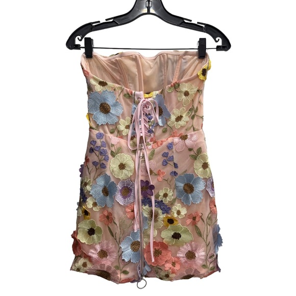 Strapless Flower Embroidered Mini Dress Pink | Bouquet Maraya Pastel Multi (M) - Picture 10 of 12